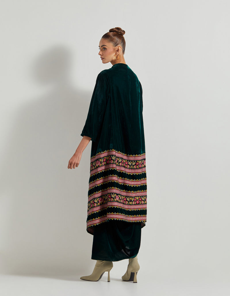 Bottle Green Velveteen Dress Paired With Cross Stitch Embroidered Cape