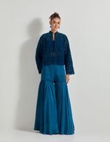 Teal Velveteen Lattice Embroidred Jacket With Bustier Paired With Sharara Pants