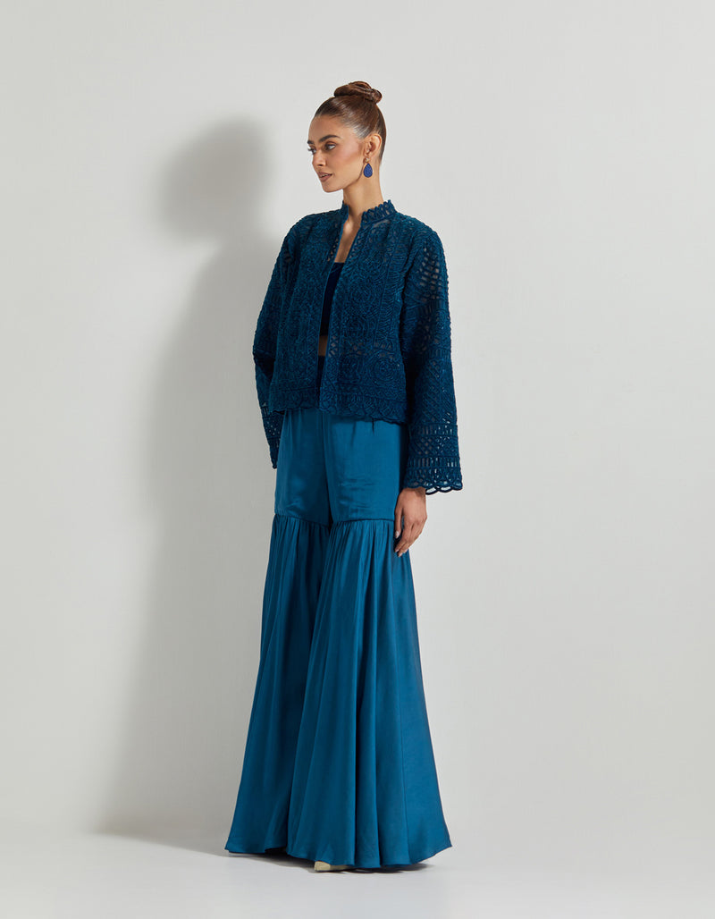 Teal Velveteen Lattice Embroidred Jacket With Bustier Paired With Sharara Pants