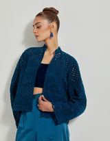 Teal Velveteen Lattice Embroidred Jacket With Bustier Paired With Sharara Pants