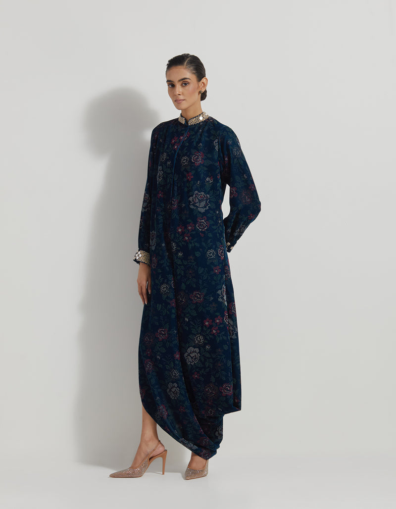 Hand Block Printed Velveteen Dress With Hand Embellished Collar And Cuff Embroidered