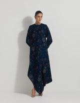 Hand Block Printed Velveteen Dress With Hand Embellished Collar And Cuff Embroidered