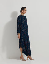 Hand Block Printed Velveteen Dress With Hand Embellished Collar And Cuff Embroidered