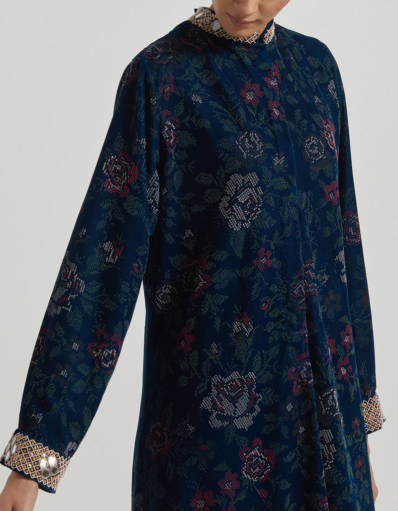 Hand Block Printed Velveteen Dress With Hand Embellished Collar And Cuff Embroidered