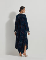 Hand Block Printed Velveteen Dress With Hand Embellished Collar And Cuff Embroidered