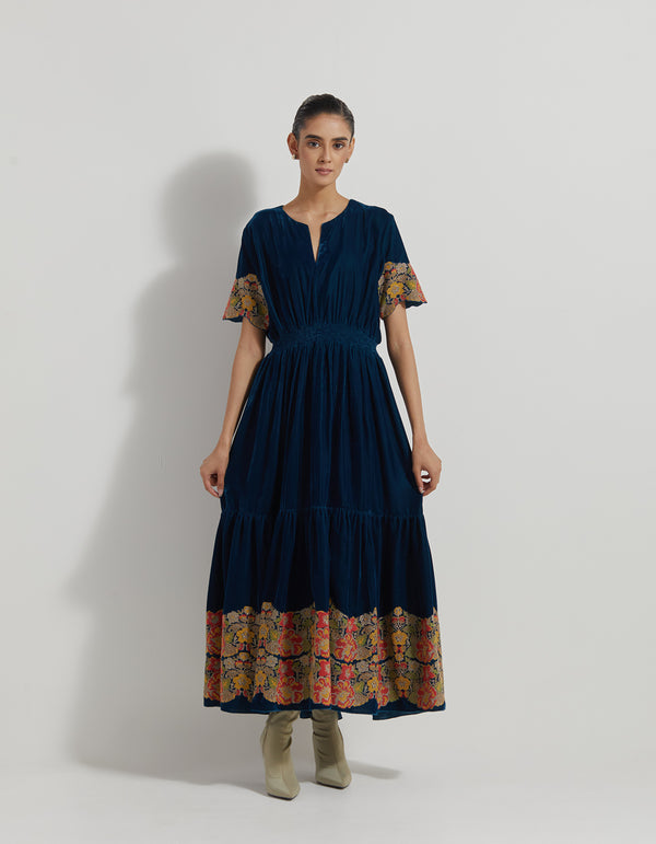 Velveteen Ankle Length Dress In Peony Cross Stitch Embroidery