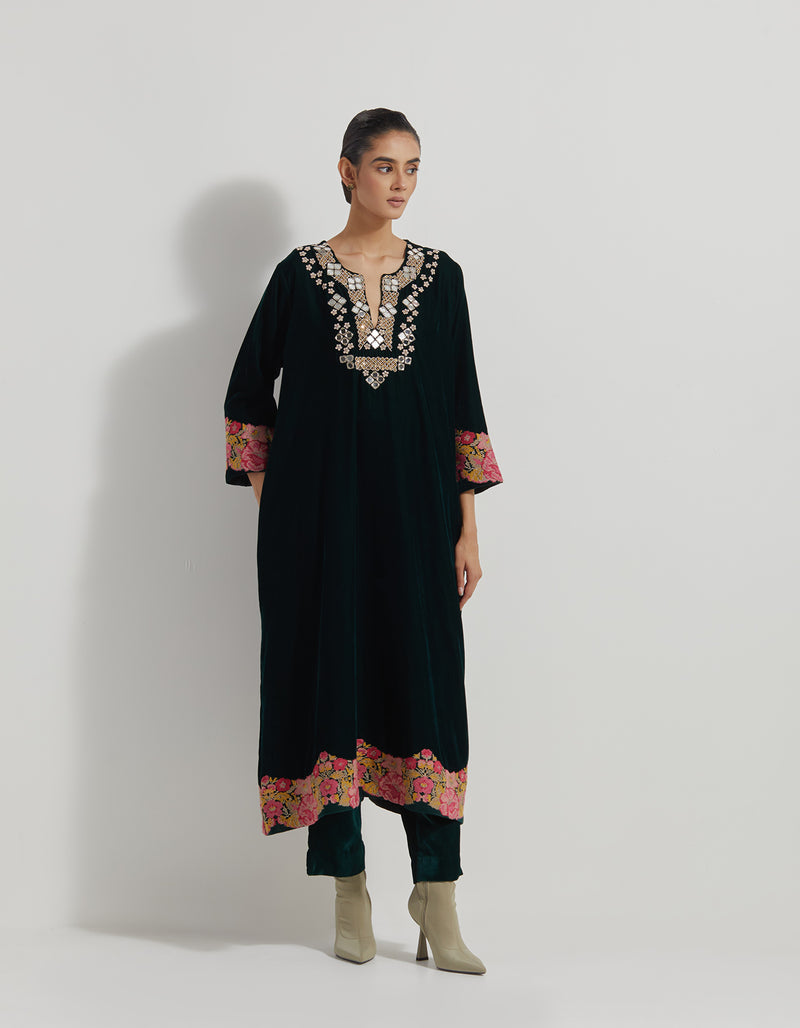 Velveteen A Line Long Tunic In Mirror Work And Cross Stitch Embroidery Paired With Straight Pants