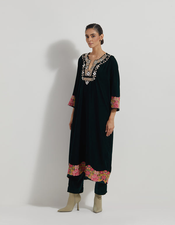 Velveteen A Line Long Tunic In Mirror Work And Cross Stitch Embroidery Paired With Straight Pants