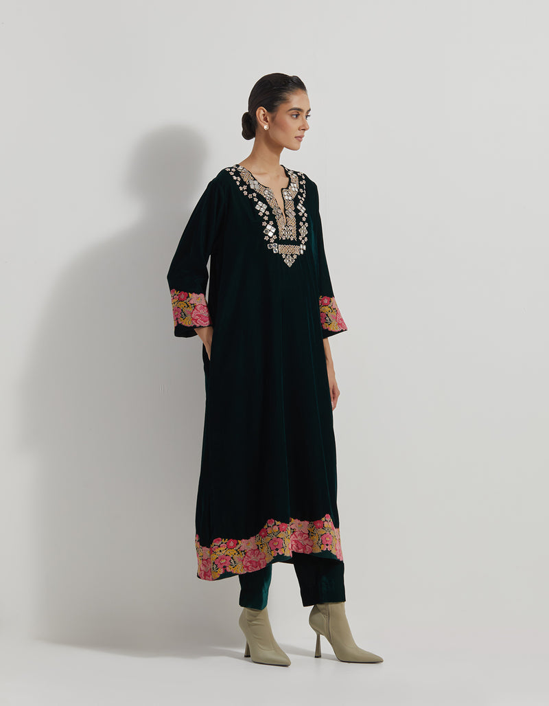 Velveteen A Line Long Tunic In Mirror Work And Cross Stitch Embroidery Paired With Straight Pants