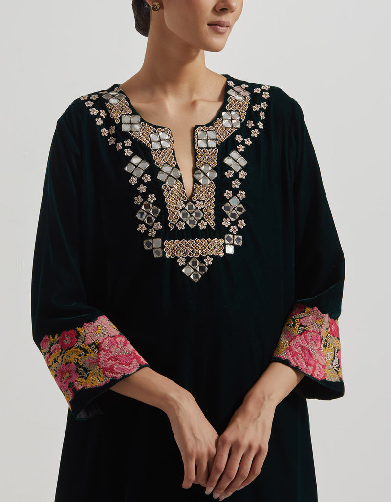 Velveteen A Line Long Tunic In Mirror Work And Cross Stitch Embroidery Paired With Straight Pants