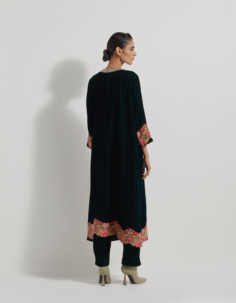 Velveteen A Line Long Tunic In Mirror Work And Cross Stitch Embroidery Paired With Straight Pants