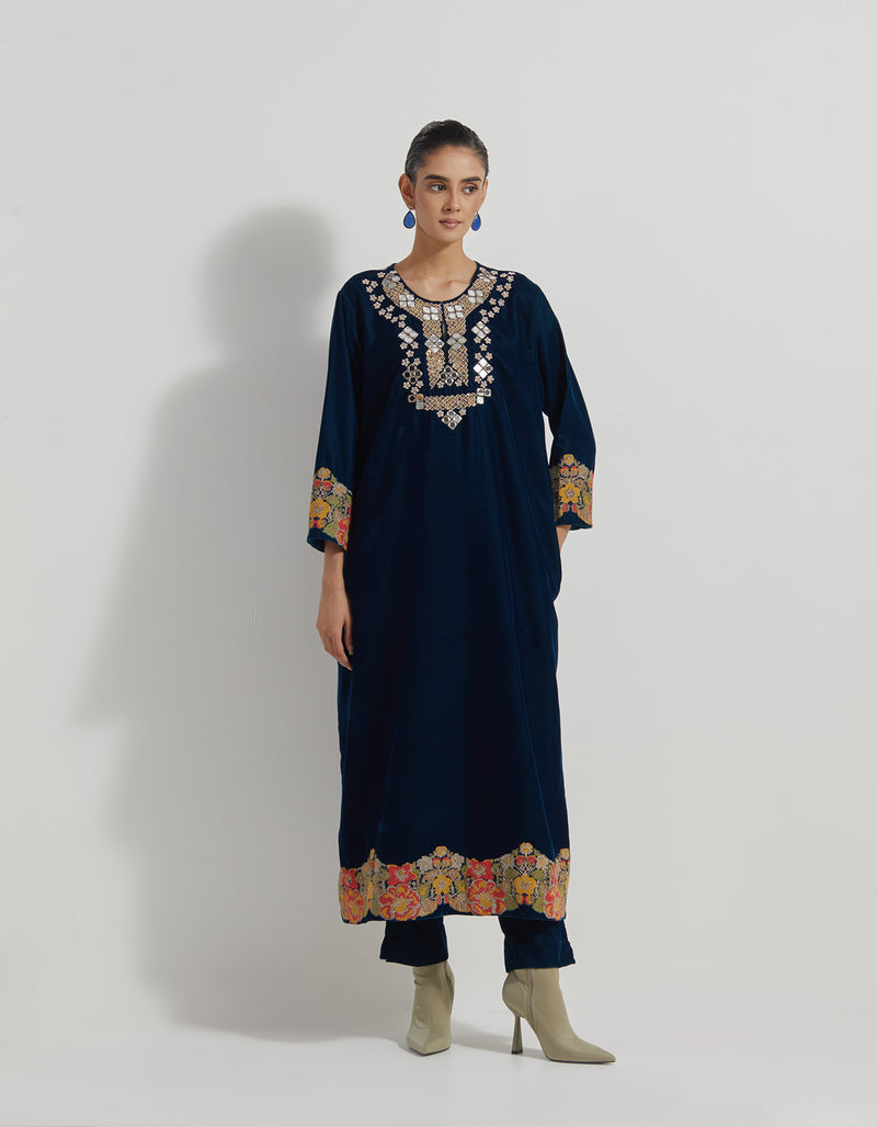 Teal Velveteen A Line Long Tunic In Mirror Work And Cross Stitch Embroidery Paired With Straight Pants