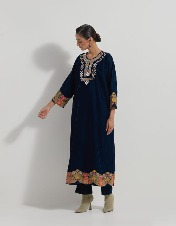 Teal Velveteen A Line Long Tunic In Mirror Work And Cross Stitch Embroidery Paired With Straight Pants