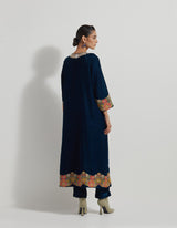 Teal Velveteen A Line Long Tunic In Mirror Work And Cross Stitch Embroidery Paired With Straight Pants