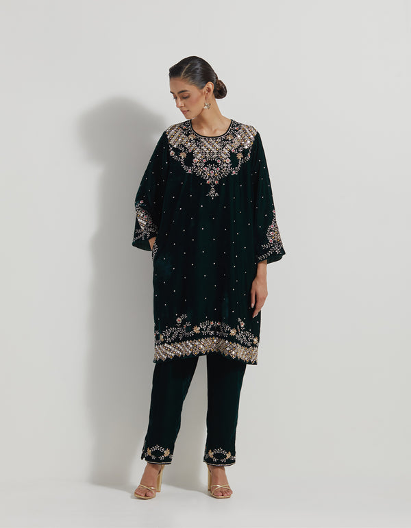 Black Hand Embellished Velveteen Tunic Paired With Embroidered Pants