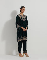 Black Hand Embellished Velveteen Tunic Paired With Embroidered Pants