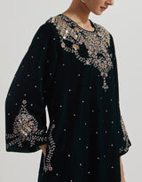 Black Hand Embellished Velveteen Tunic Paired With Embroidered Pants