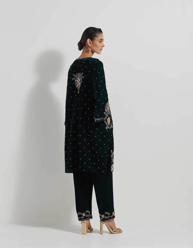 Black Hand Embellished Velveteen Tunic Paired With Embroidered Pants