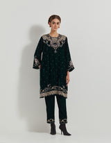 Bottle Green Hand Embellished Velveteen Tunic Paired With Embroidered Pants