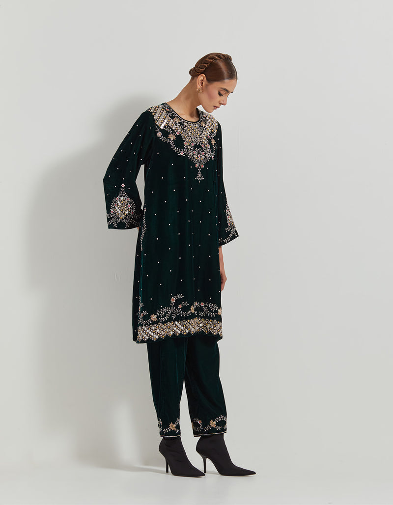 Bottle Green Hand Embellished Velveteen Tunic Paired With Embroidered Pants