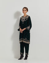 Bottle Green Hand Embellished Velveteen Tunic Paired With Embroidered Pants