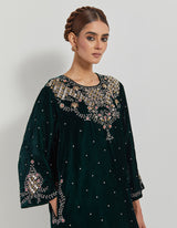 Bottle Green Hand Embellished Velveteen Tunic Paired With Embroidered Pants