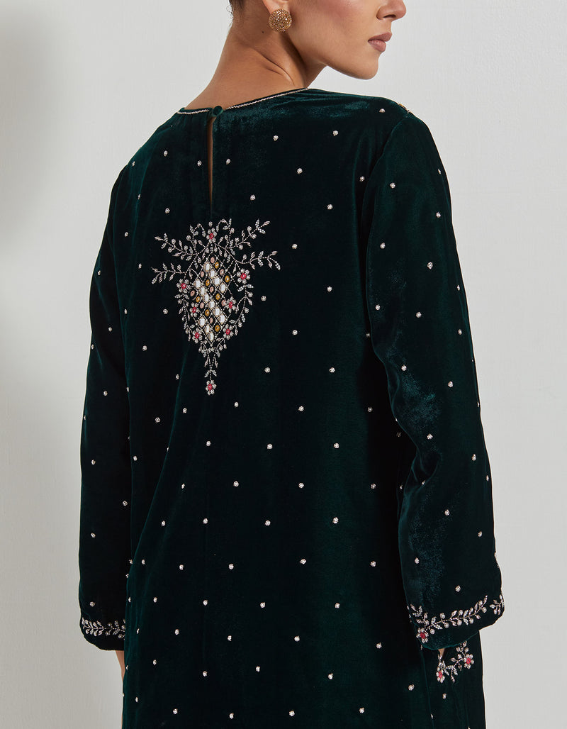 Bottle Green Hand Embellished Velveteen Tunic Paired With Embroidered Pants