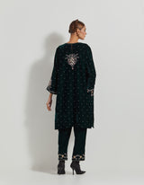 Bottle Green Hand Embellished Velveteen Tunic Paired With Embroidered Pants