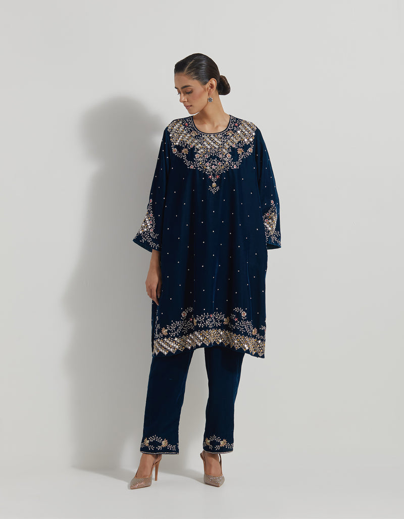 Hand Embellished Velveteen Tunic Paired With Embroidered Pants