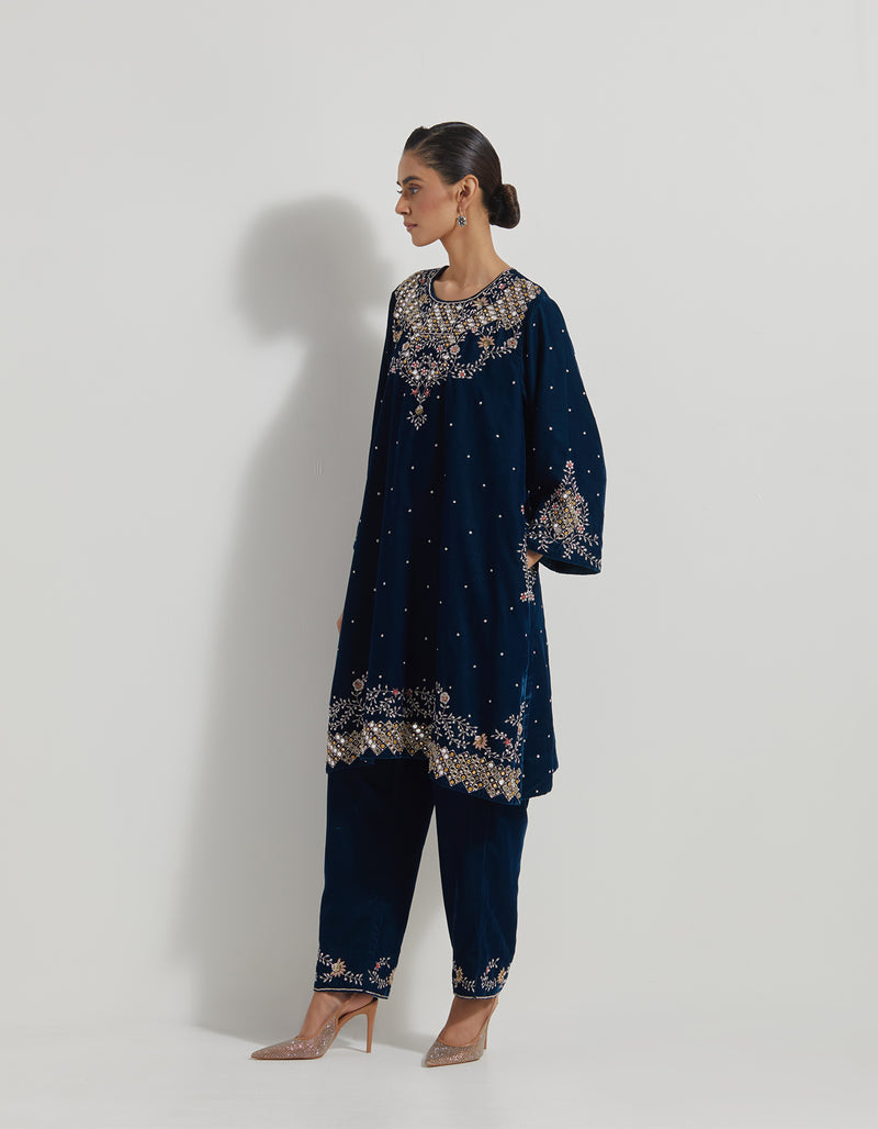 Hand Embellished Velveteen Tunic Paired With Embroidered Pants