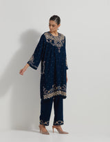 Hand Embellished Velveteen Tunic Paired With Embroidered Pants