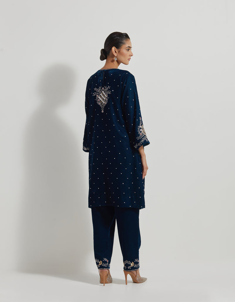 Hand Embellished Velveteen Tunic Paired With Embroidered Pants