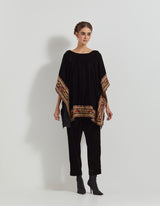 Black Velveteen Poncho Top With Peony Cross Stitch Borders Paired With Velveteen Straight Pants