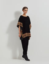 Black Velveteen Poncho Top With Peony Cross Stitch Borders Paired With Velveteen Straight Pants