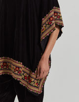 Black Velveteen Poncho Top With Peony Cross Stitch Borders Paired With Velveteen Straight Pants