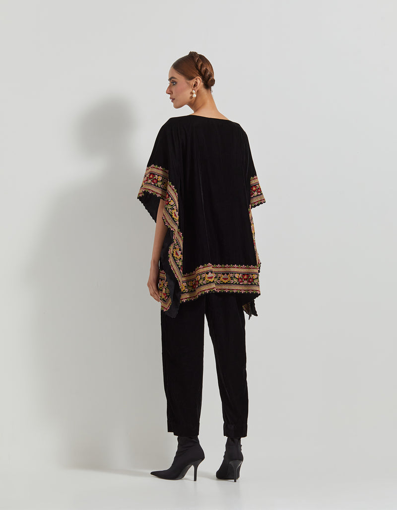 Black Velveteen Poncho Top With Peony Cross Stitch Borders Paired With Velveteen Straight Pants