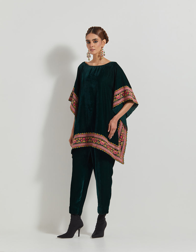 Bottle Green Velveteen Poncho Top With Peony Cross Stitch Borders Paired With Velveteen Straight Pants