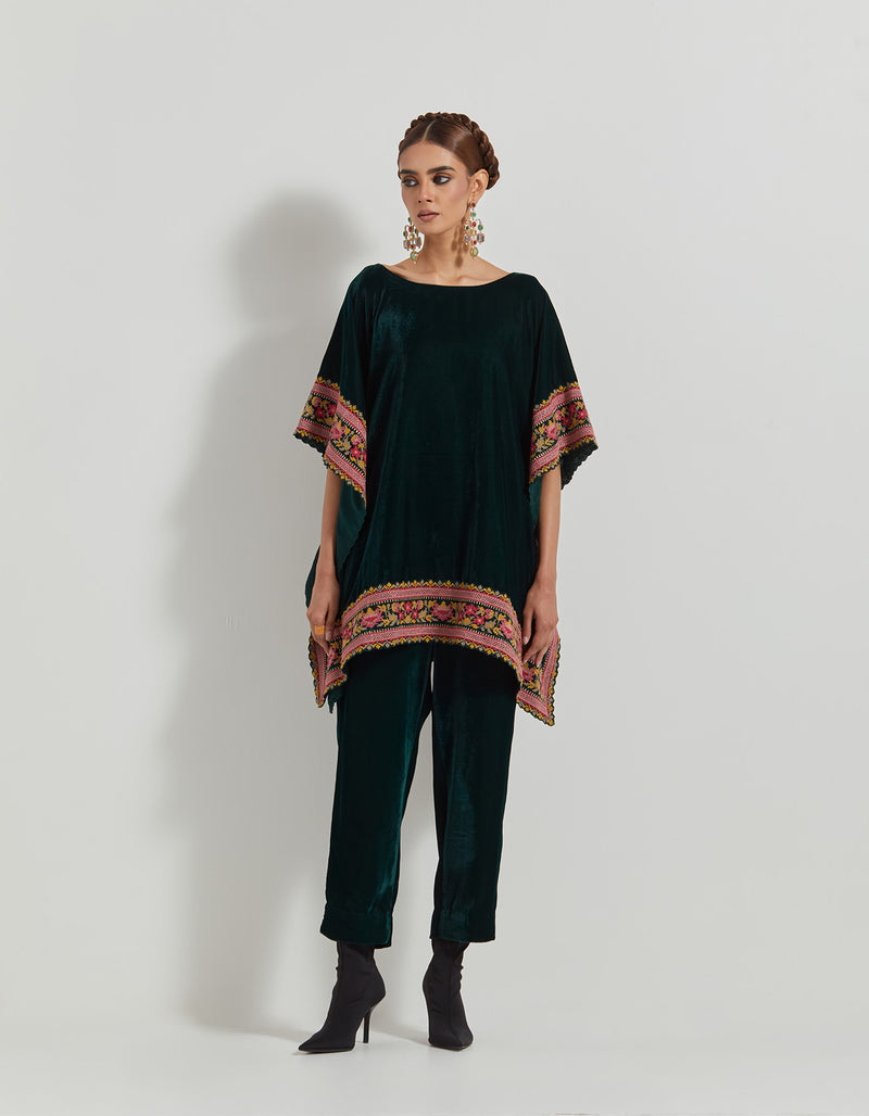 Bottle Green Velveteen Poncho Top With Peony Cross Stitch Borders Paired With Velveteen Straight Pants