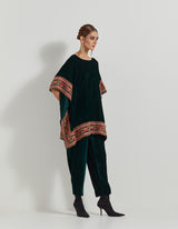 Bottle Green Velveteen Poncho Top With Peony Cross Stitch Borders Paired With Velveteen Straight Pants