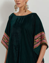 Bottle Green Velveteen Poncho Top With Peony Cross Stitch Borders Paired With Velveteen Straight Pants