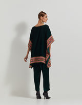 Bottle Green Velveteen Poncho Top With Peony Cross Stitch Borders Paired With Velveteen Straight Pants