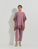 Lavender Velveteen Poncho Top With Peony Cross Stitch Borders Paired With Velveteen Straight Pants