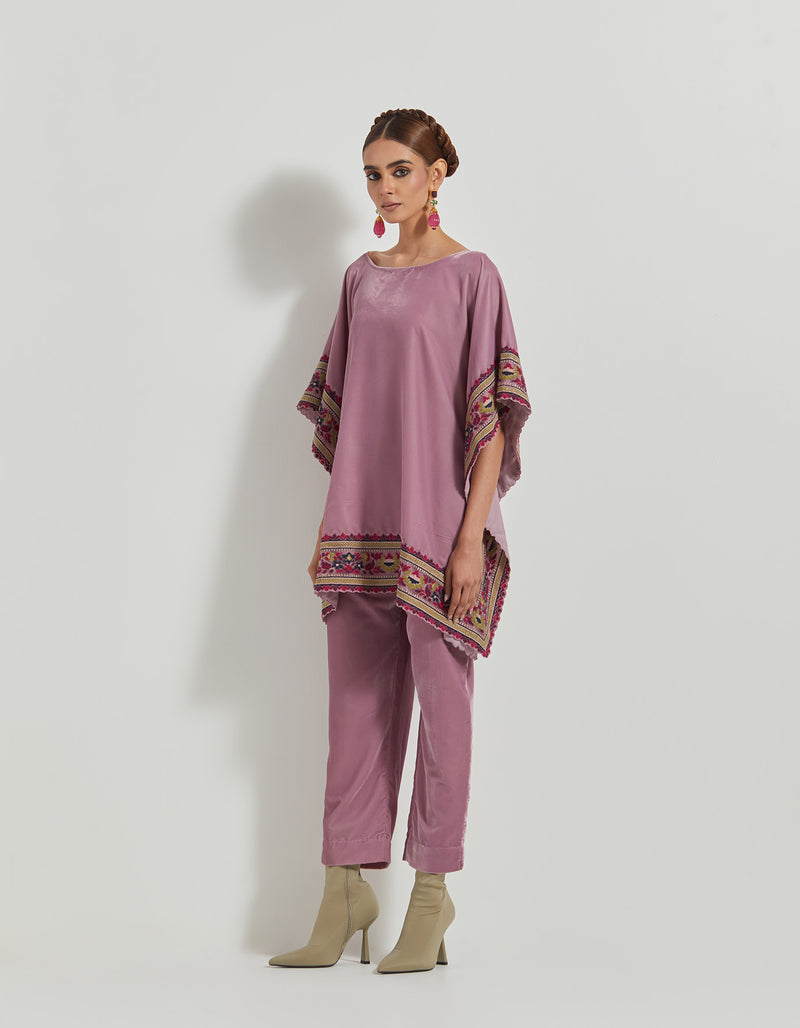 Lavender Velveteen Poncho Top With Peony Cross Stitch Borders Paired With Velveteen Straight Pants