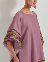 Lavender Velveteen Poncho Top With Peony Cross Stitch Borders Paired With Velveteen Straight Pants