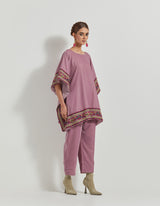 Lavender Velveteen Poncho Top With Peony Cross Stitch Borders Paired With Velveteen Straight Pants