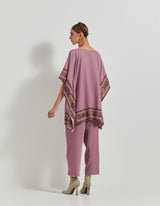 Lavender Velveteen Poncho Top With Peony Cross Stitch Borders Paired With Velveteen Straight Pants