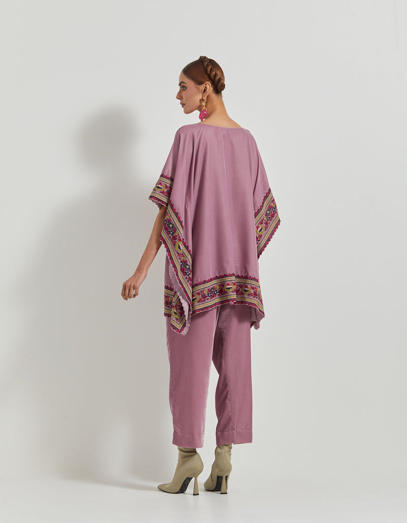 Lavender Velveteen Poncho Top With Peony Cross Stitch Borders Paired With Velveteen Straight Pants