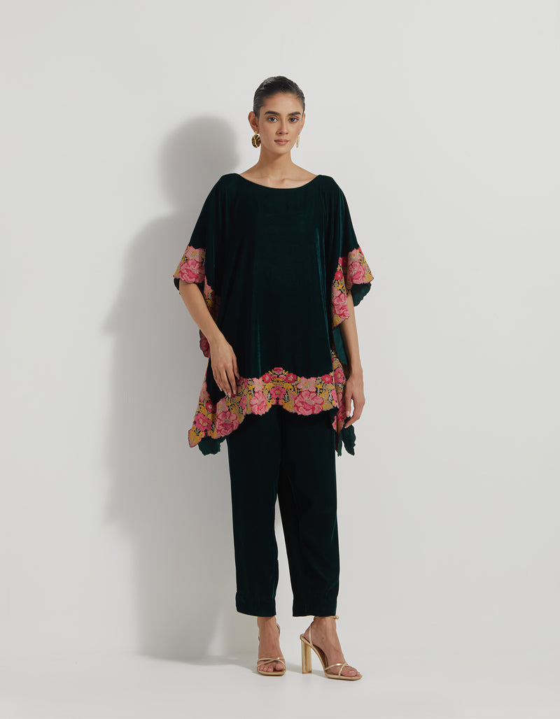 Bottle Green Velveteen Poncho Top With Peony Cross Stitch Borders Paired With Velveteen Straight Pants