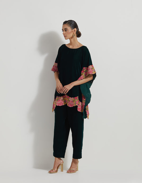 Bottle Green Velveteen Poncho Top With Peony Cross Stitch Borders Paired With Velveteen Straight Pants