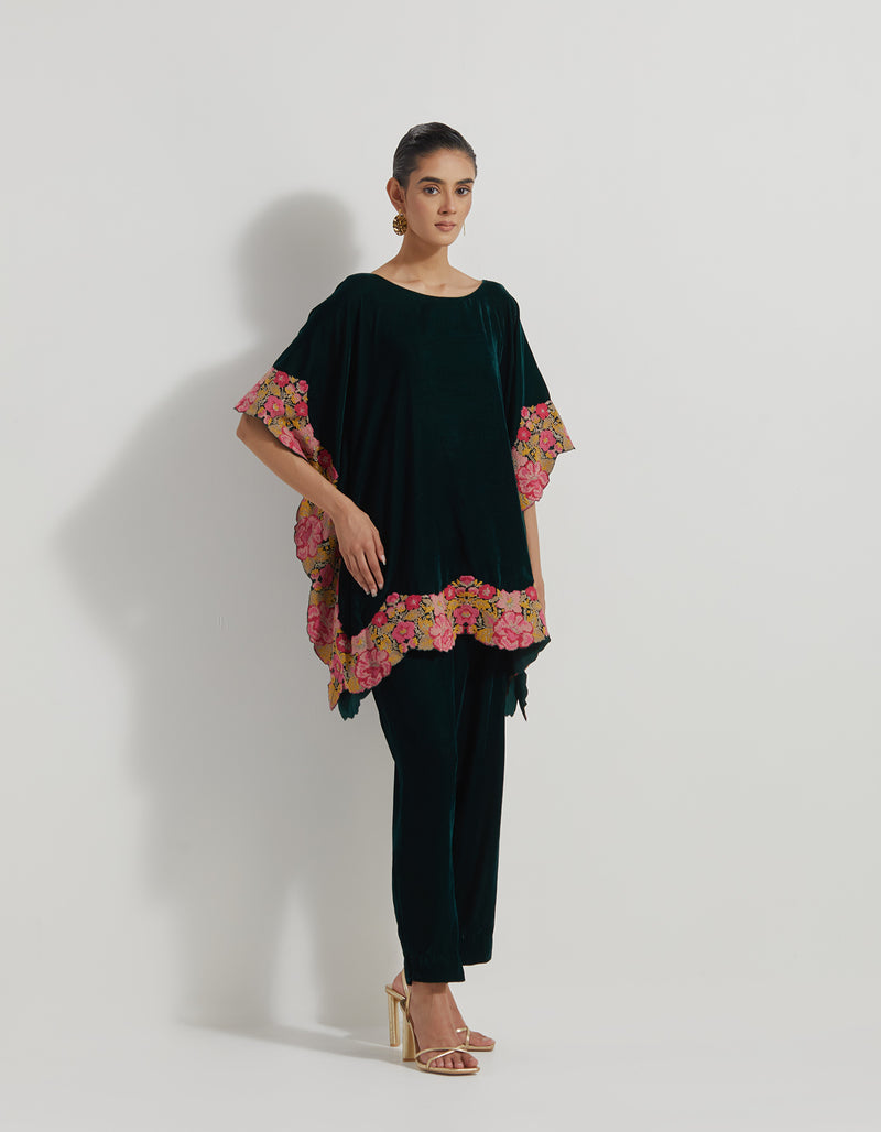 Bottle Green Velveteen Poncho Top With Peony Cross Stitch Borders Paired With Velveteen Straight Pants